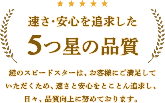 速さ・安心を追求した五つ星の品質。鍵のスピードスターは、お客様にご満足いただくため、速さと安心をとことん追求し、日々、品質向上に努めております。