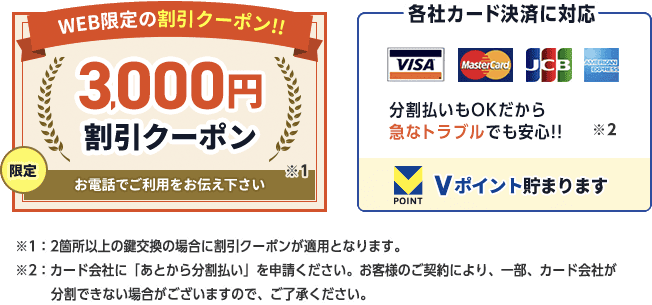 web限定の3000円割引クーポン付き。お電話でご利用をお伝えください。各種クレジットカードのご利用ができます。分割払いも可能です。ご希望の方は事前にご利用ください。
